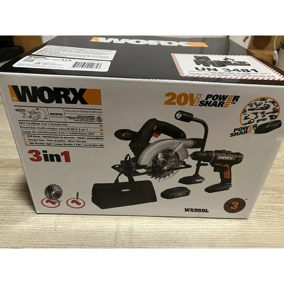 Worx 20V Combo Kit with Drill, Circular Saw and Flex Light, Model# WX959L
